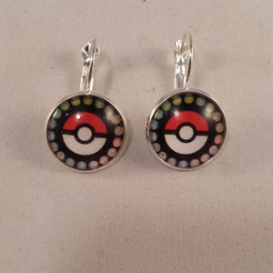 Silver Red Pokemon Pokeball Cabochon Earrings